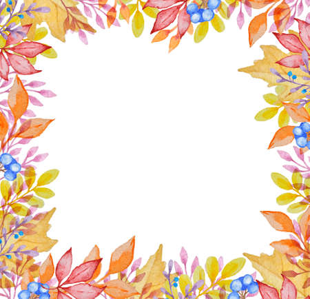 Watercolor frame with red and orange autumn leaves on a white backgroundの写真素材
