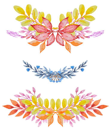 Hand drawn watercolor posies with flowers and autumn leavesの写真素材