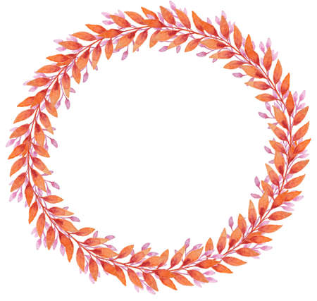 Hand drawn watercolor frame with orange and pink autumn leavesの写真素材