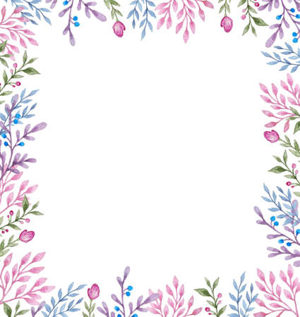 Watercolor hand drawn floral frame with flowers and leavesの写真素材