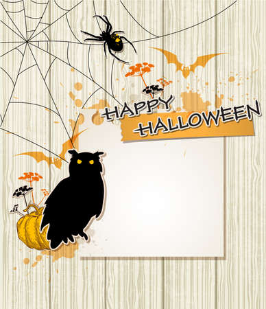 Halloween vector background with spider, owl and paper sheetのイラスト素材