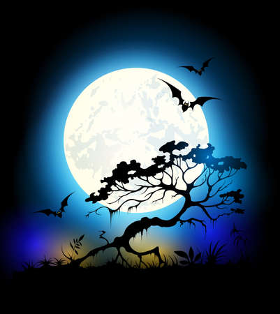 Halloween vector background with silhouette of tree and Moonのイラスト素材