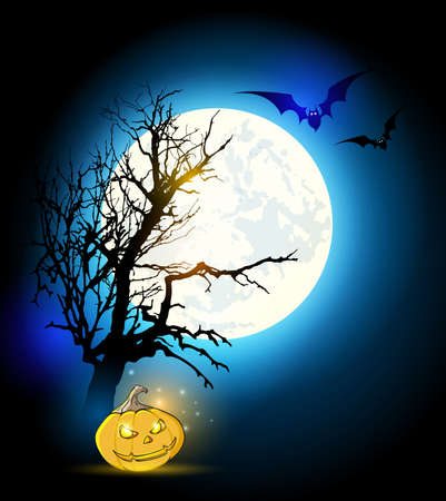Halloween vector background with silhouette of tree and pumpkinのイラスト素材
