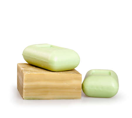 Bars of natural handmade soap on a white backgroundの写真素材