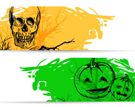 Horizontal banners for Halloween with skull and pumpkinsのイラスト素材