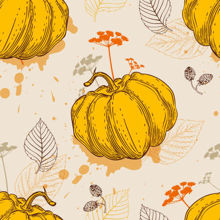 Decorative vector seamless pattern with orange pumpkin and leavesのイラスト素材