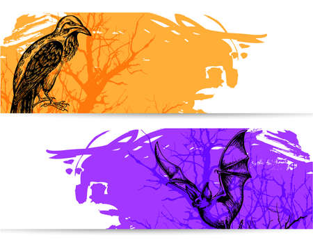 Horizontal banners for Halloween with raven and vampire batのイラスト素材