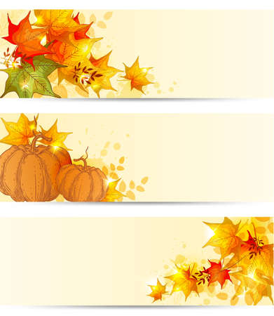 Autumn horizontal backgrounds with maple leaves and pumpkinsのイラスト素材