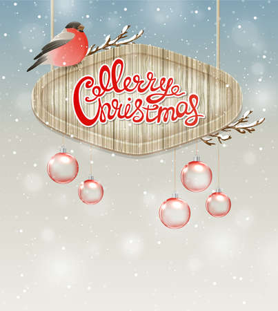 Christmas background with bullfinch, decorations and greeting inscriptionのイラスト素材