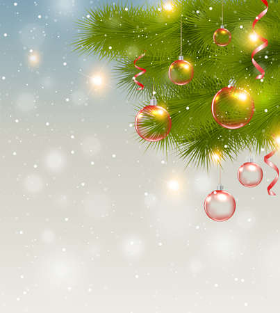 Christmas background with red decorations and green pine branchのイラスト素材