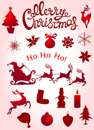 Set of vector Christmas elements for design.  Inscriptions and silhouettes.のイラスト素材