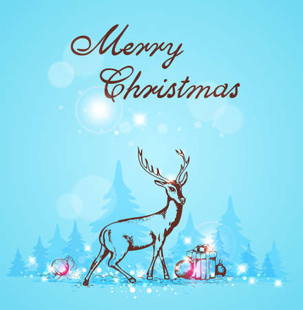 Greeting card  with deer and Christmas gifts on a blue background.のイラスト素材