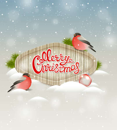 Christmas background with two bullfinch and greeting inscriptionのイラスト素材