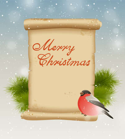 Christmas background with bullfinch and vintage scrollのイラスト素材
