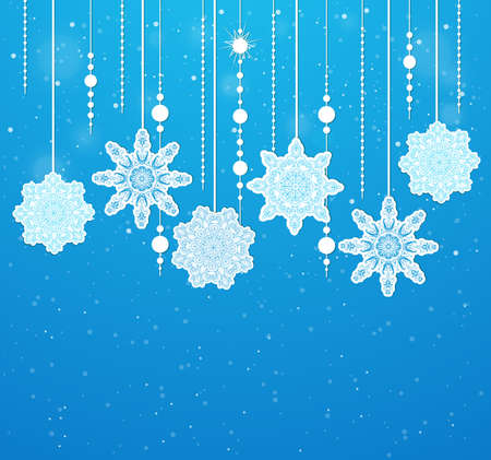 Blue vector Christmas background with beads and snowflakesのイラスト素材