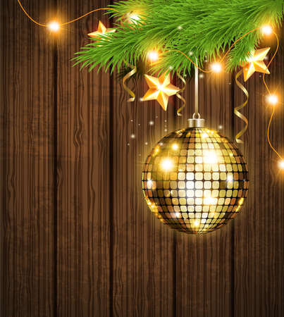 Shining golden decoration, green fir branch and garland. Christmas background.のイラスト素材