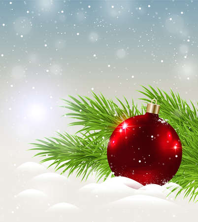 Christmas background with shining red decoration in snowのイラスト素材