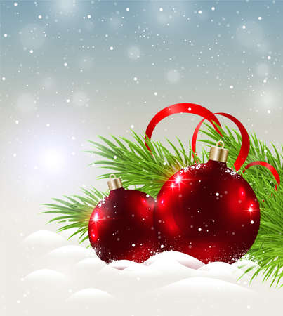 Christmas background with two shining red decorations in snowのイラスト素材