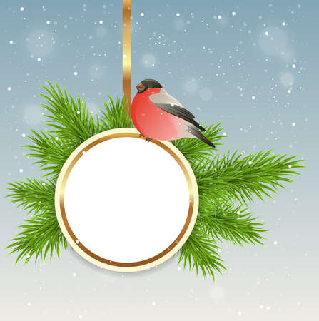 Christmas background with round banner, green fir branch and bullfinchのイラスト素材