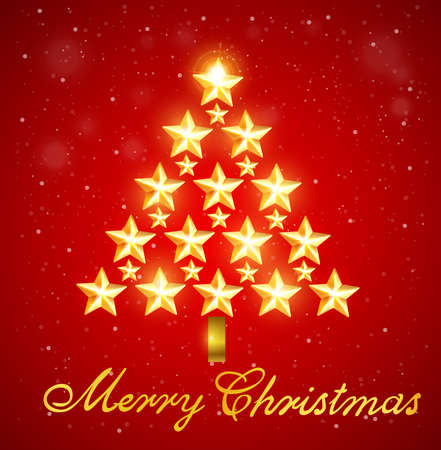 Christmas tree of gold shining stars on a red backgroundのイラスト素材