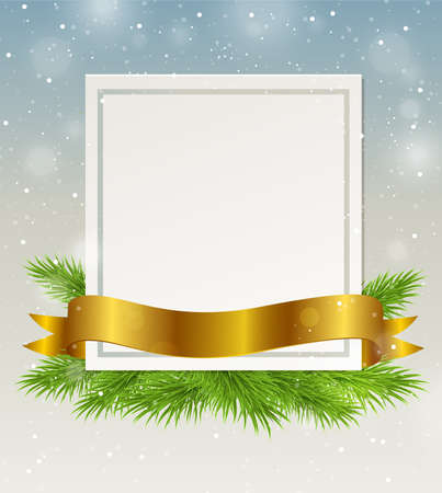 Decorative frame with golden ribbon and green fir branch. Christmas background.のイラスト素材