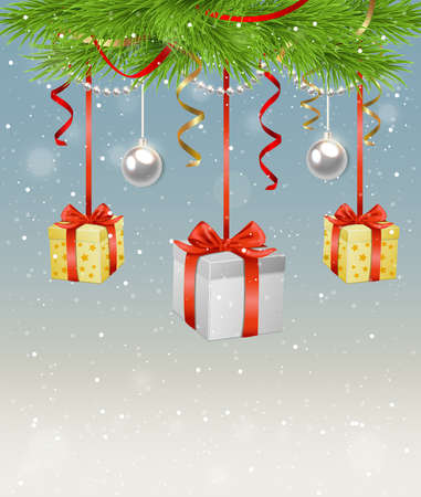 Decorative Christmas background with green fir branch and giftsのイラスト素材