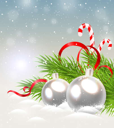 Christmas background with silver decorations and candy caneのイラスト素材