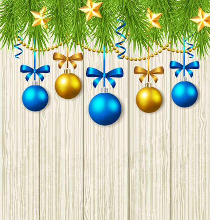 Wooden Christmas background with green fir branches, stars and blue baublesのイラスト素材