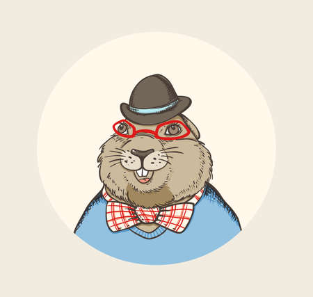 Hand drawn card for Groundhog Day with marmot hipsterのイラスト素材