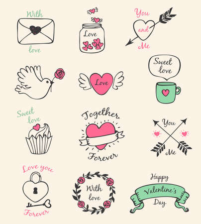 Hand drawn vector decorative Valentine elements for designのイラスト素材