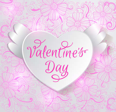 Valentine card with paper heart on a pink floral backgroundのイラスト素材