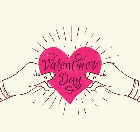 Valentine's day greeting card with pink heart in handsのイラスト素材