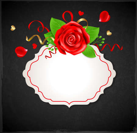 Decorative romantic banner with red rose and green leaves on a black backgroundのイラスト素材
