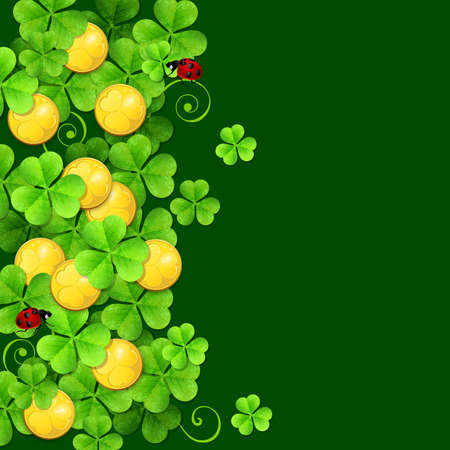 Green background with clover leaves and golden coins for St. Patrick's Dayのイラスト素材