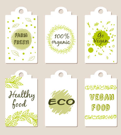 Set of green vector vegetarian food badgesのイラスト素材