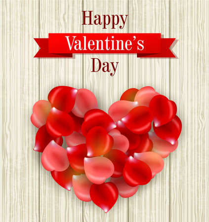 Romantic Valentine card with heart of rose petals on a wooden backgroundのイラスト素材