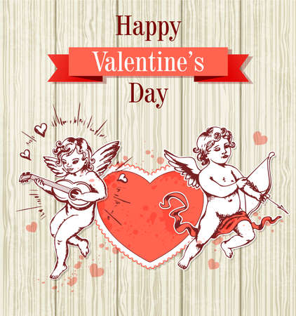 Vintage hand drawn Valentine card with two cupids and red heartのイラスト素材