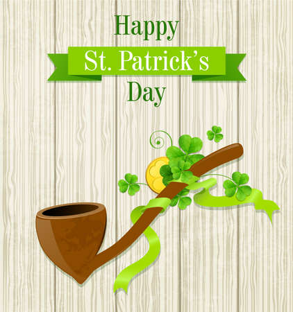 Tobacco pipe and clover leaves for St. Patrick's Day. Vector illustration.のイラスト素材