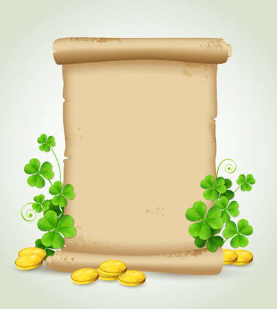 Decorative background with scroll, clover leaves and golden coins for St. Patrick's Dayのイラスト素材