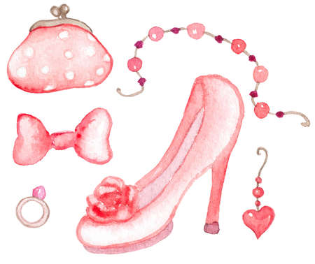 Watercolor pink female fashionable accessories. Vector illustration.のイラスト素材