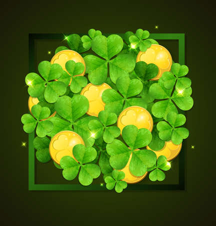 Clover leaves and golden coins on a green background. Card for St. Patrick's Dayのイラスト素材