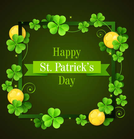 Clover leaves and golden coins on a green background. Card for St. Patrick's Dayのイラスト素材
