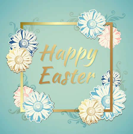 Easter background with greeting inscription and flowers in golden frameのイラスト素材