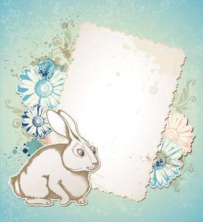 Vintage vector Easter card with rabbit and flowersのイラスト素材