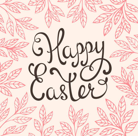 Vector Easter background with greeting inscription and pink leavesのイラスト素材