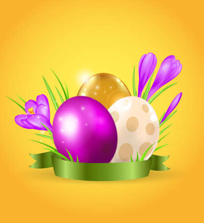 Easter card witn eggs and violet crocuses on a yellow backgroundのイラスト素材