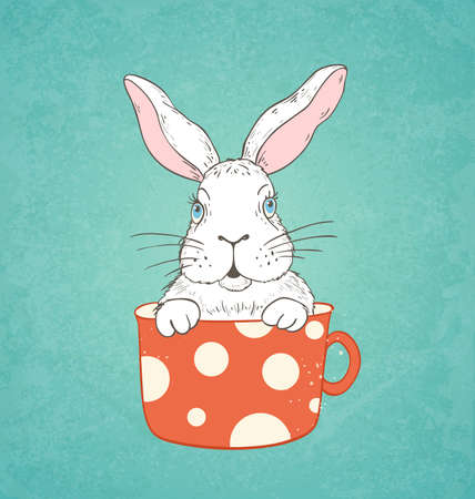 Hand drawn Easter card with white rabbit in a red cupのイラスト素材
