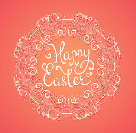 Pink Easter background with greeting inscription in floral frameのイラスト素材