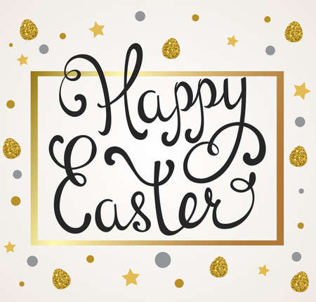 Easter background with greeting inscription in golden frameのイラスト素材