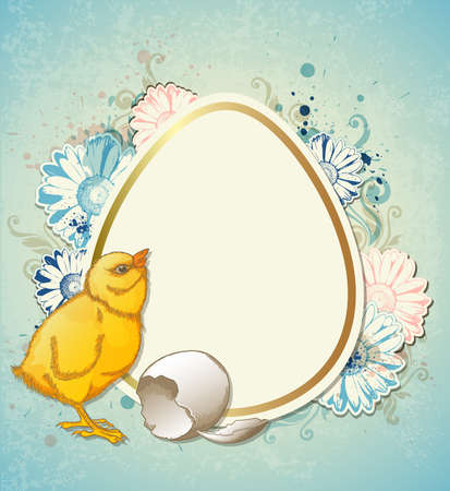 Vintage Easter background with yellow chicken and flowersのイラスト素材